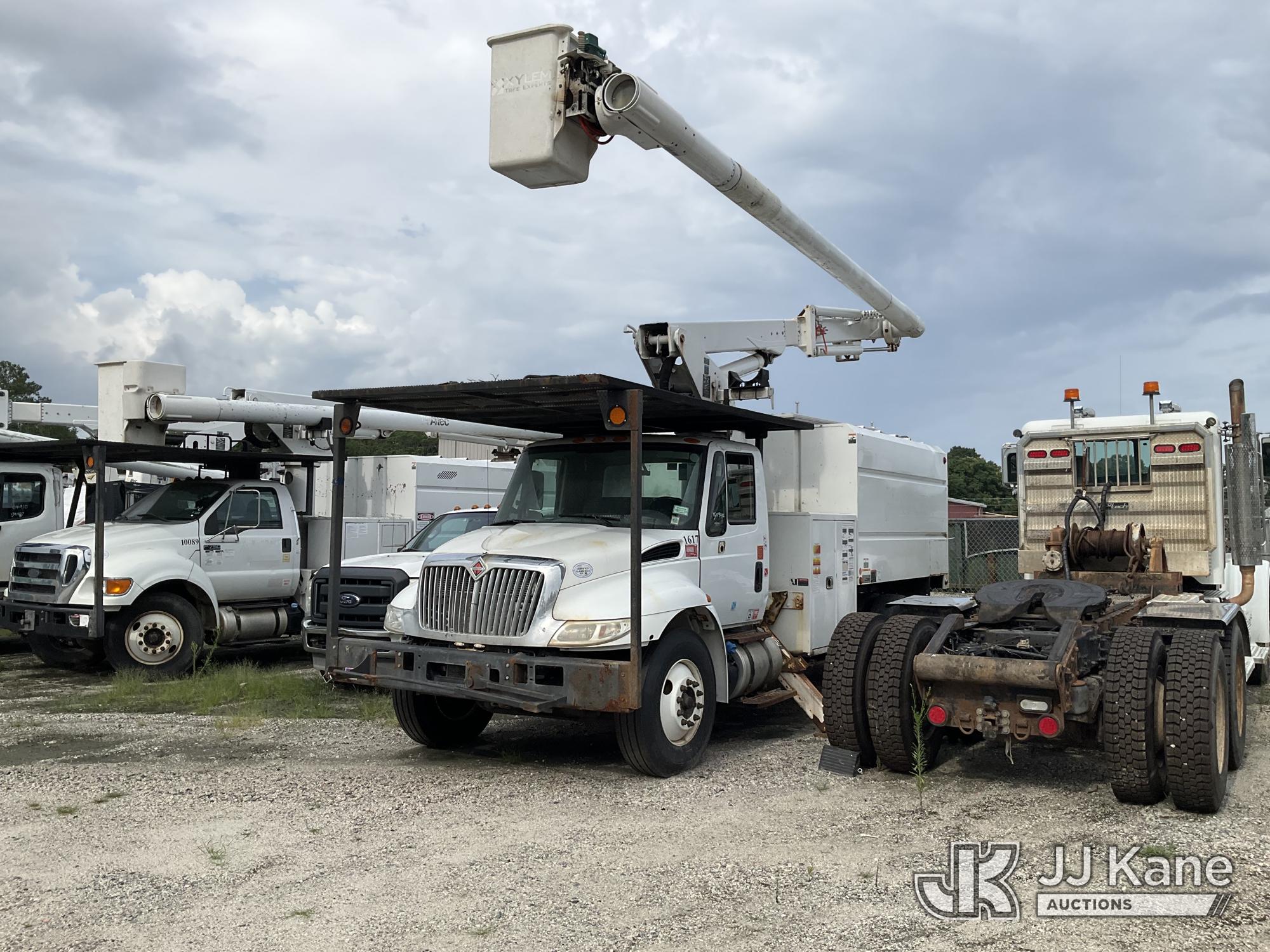 Altec LR 756, Over-Center Bucket Truck rear mounted on 2019 International 4300 DuraStar Chipper Dump Truck