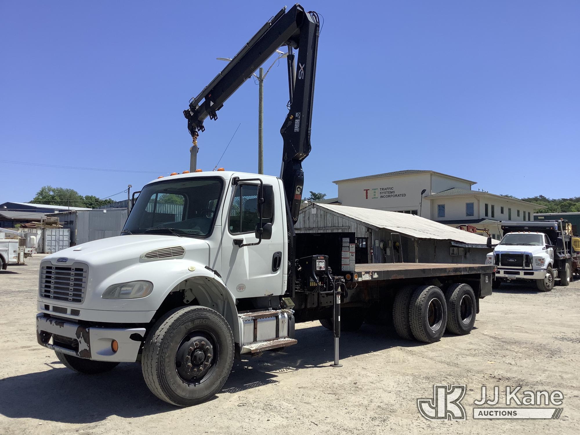 HIAB 111B-3 Duo, Knuckleboom Crane mounted behind cab on 2013 Freightliner M2 106 T/A Flatbed Truck