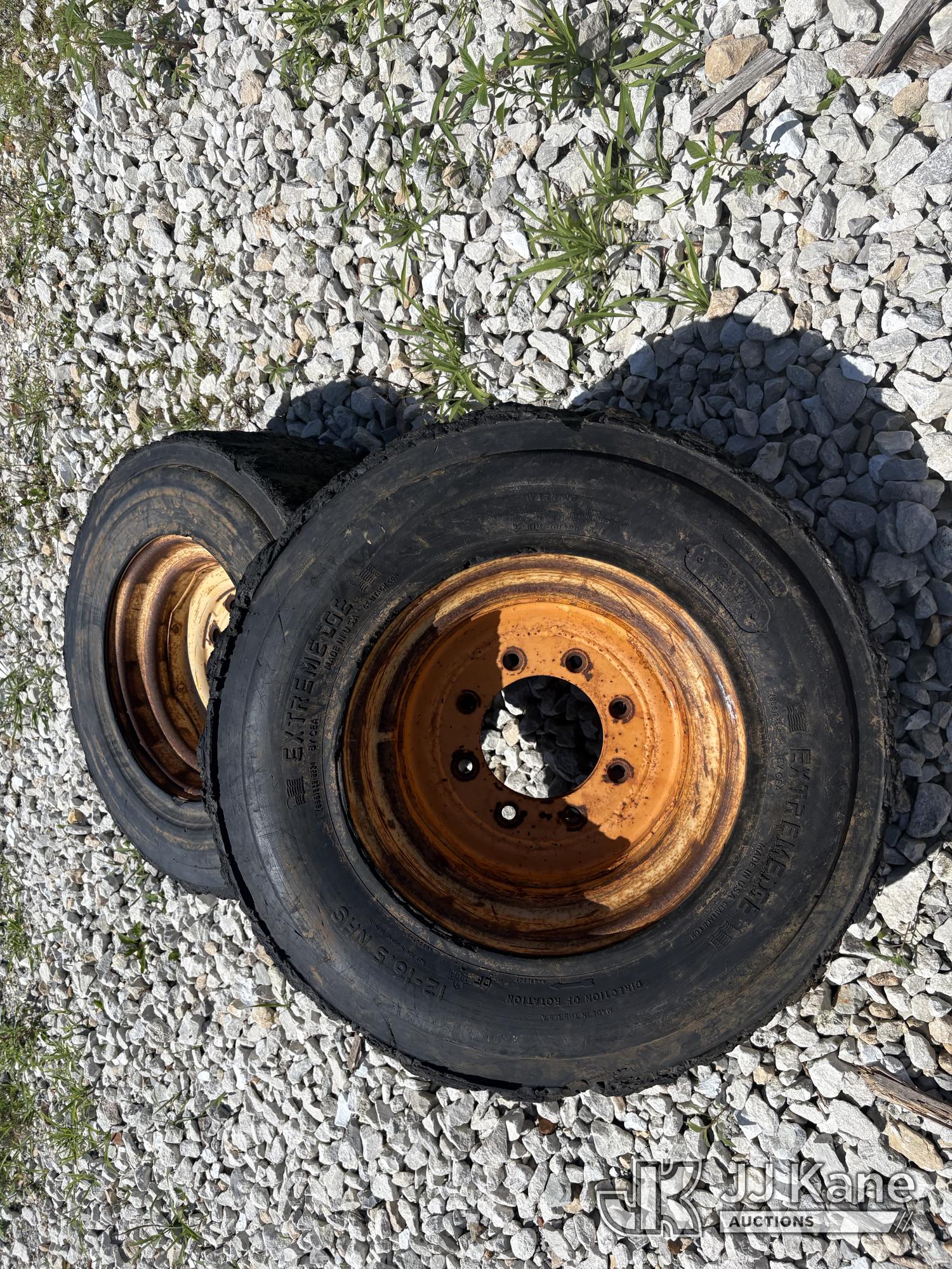 (2) foam filled tires and steel wheels 12-16.5 tire size. (Used) (Seller States: Need Recapped) NOTE: This unit is being sold AS IS/WHERE IS via Timed Auction and is located in Hawk Point