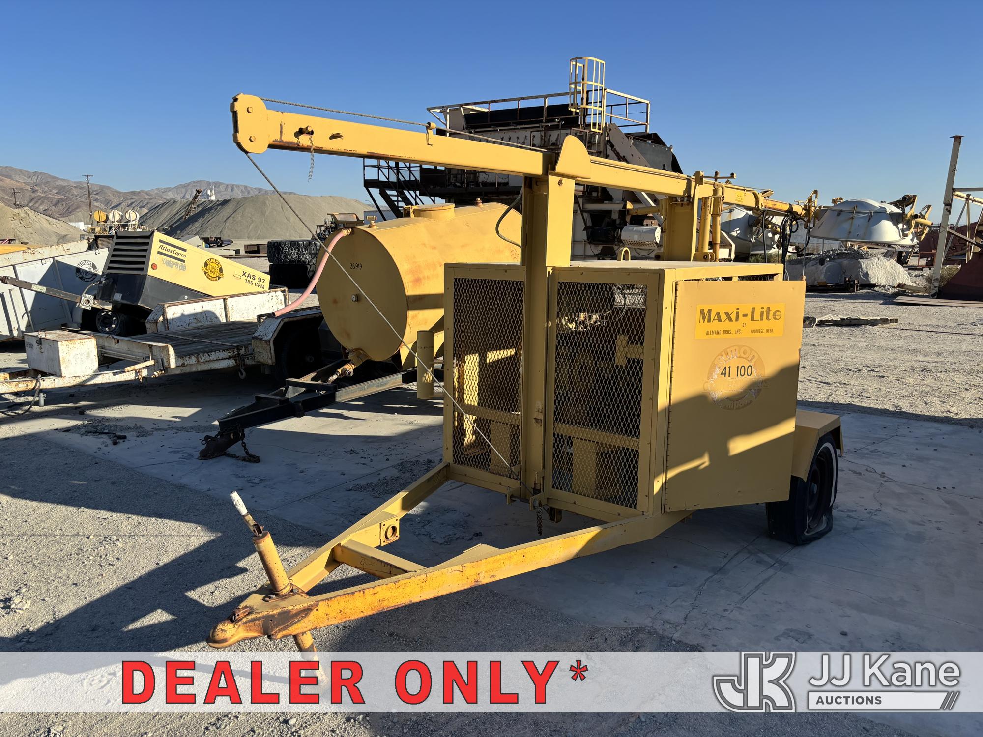 Allmand Bros., Inc. Maxi-Lite BD-30-4 4-head boom light plant, trailer-mounted 4-head boom light plant with power unit (engine present, untested), pintle hitch, single-axle. Light heads & boom/drive complete