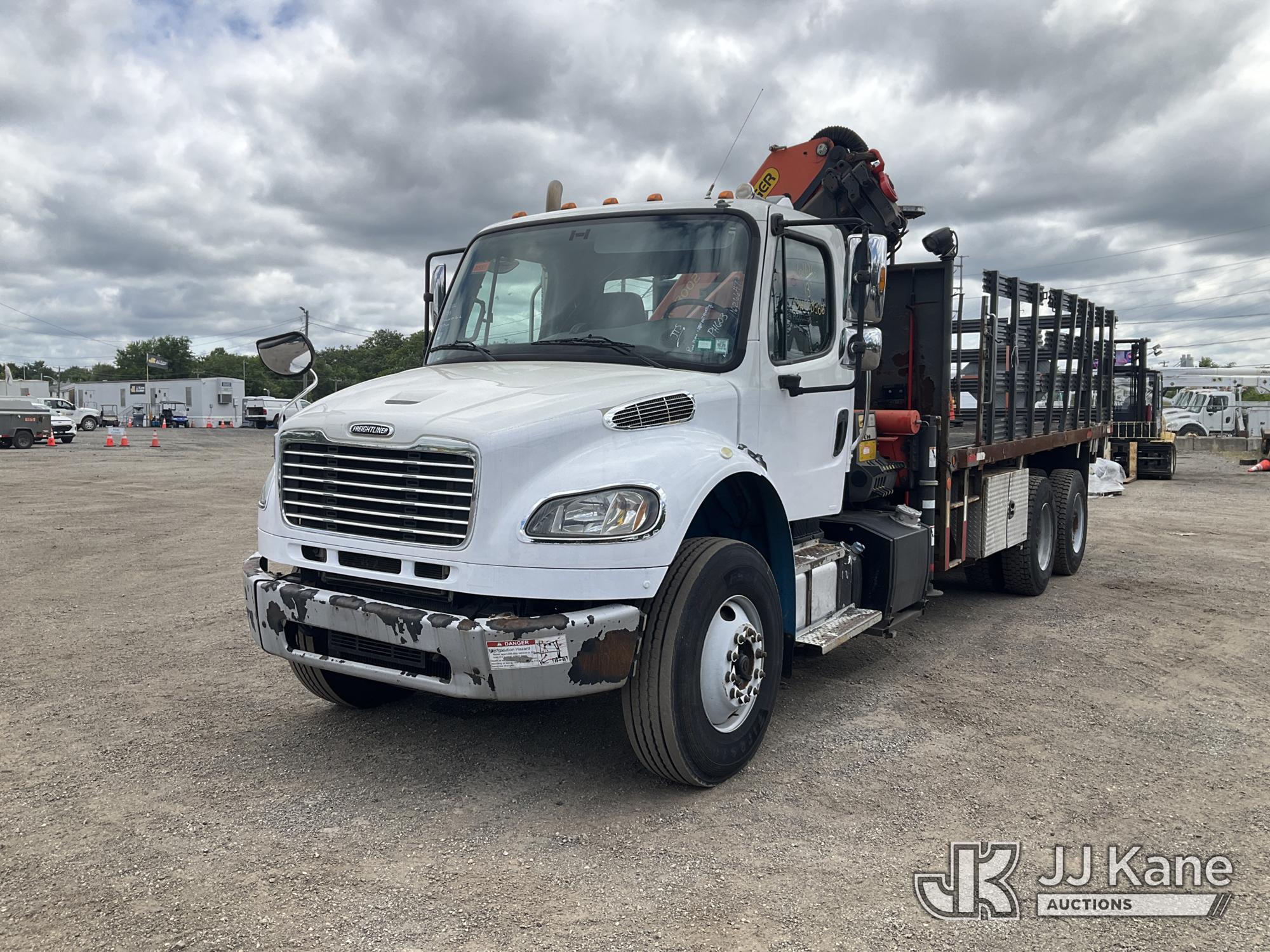 Palfinger PK18002-EH, Hydraulic Knuckle Boom Crane mounted behind cab on 2013 Freightliner M2 106 T/A Flatbed Truck