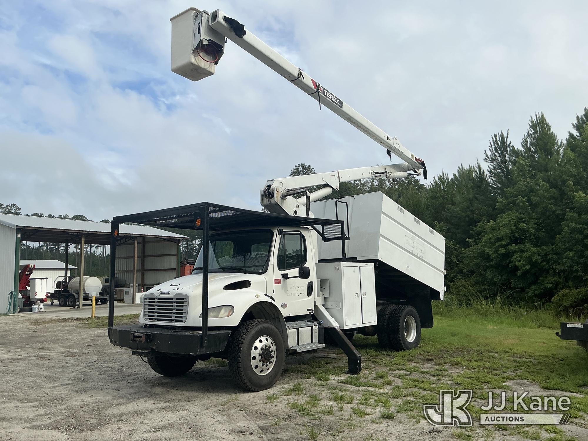 Terex/HiRanger XT55, Over-Center Bucket Truck mounted behind cab on 2011 Freightliner M2 106 Chipper Dump Truck