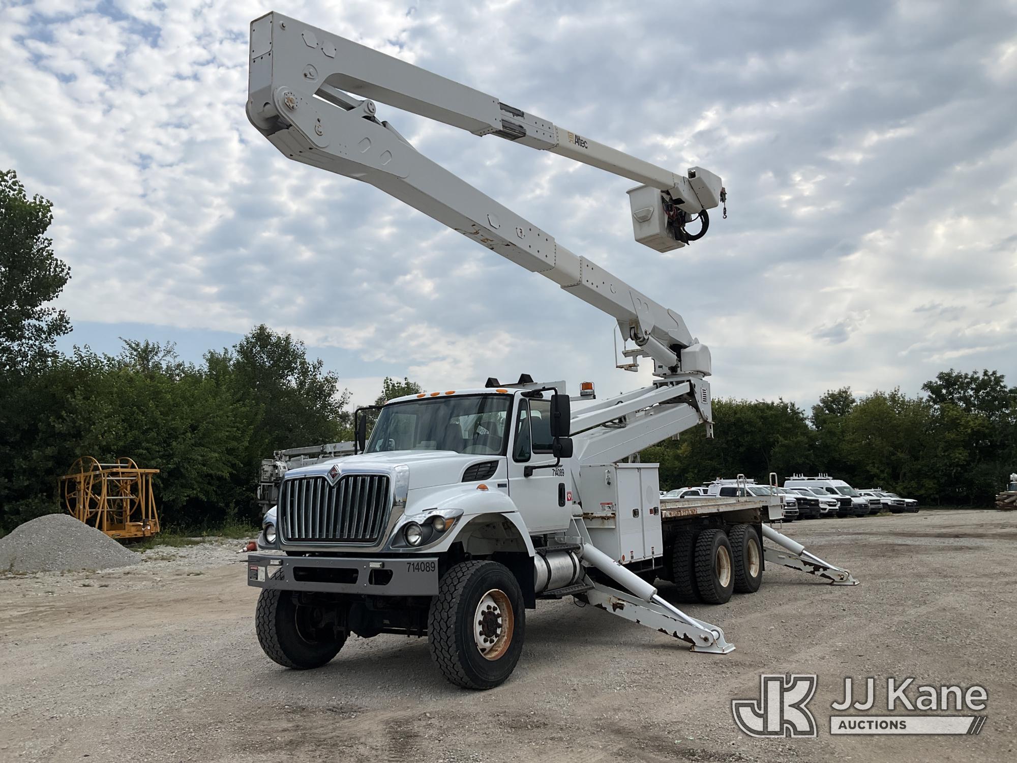 Altec A77T-E93, Articulating & Telescopic Material Handling Elevator Bucket Truck mounted behind cab on 2013 International 7400 T/A Flatbed/Utility Truck