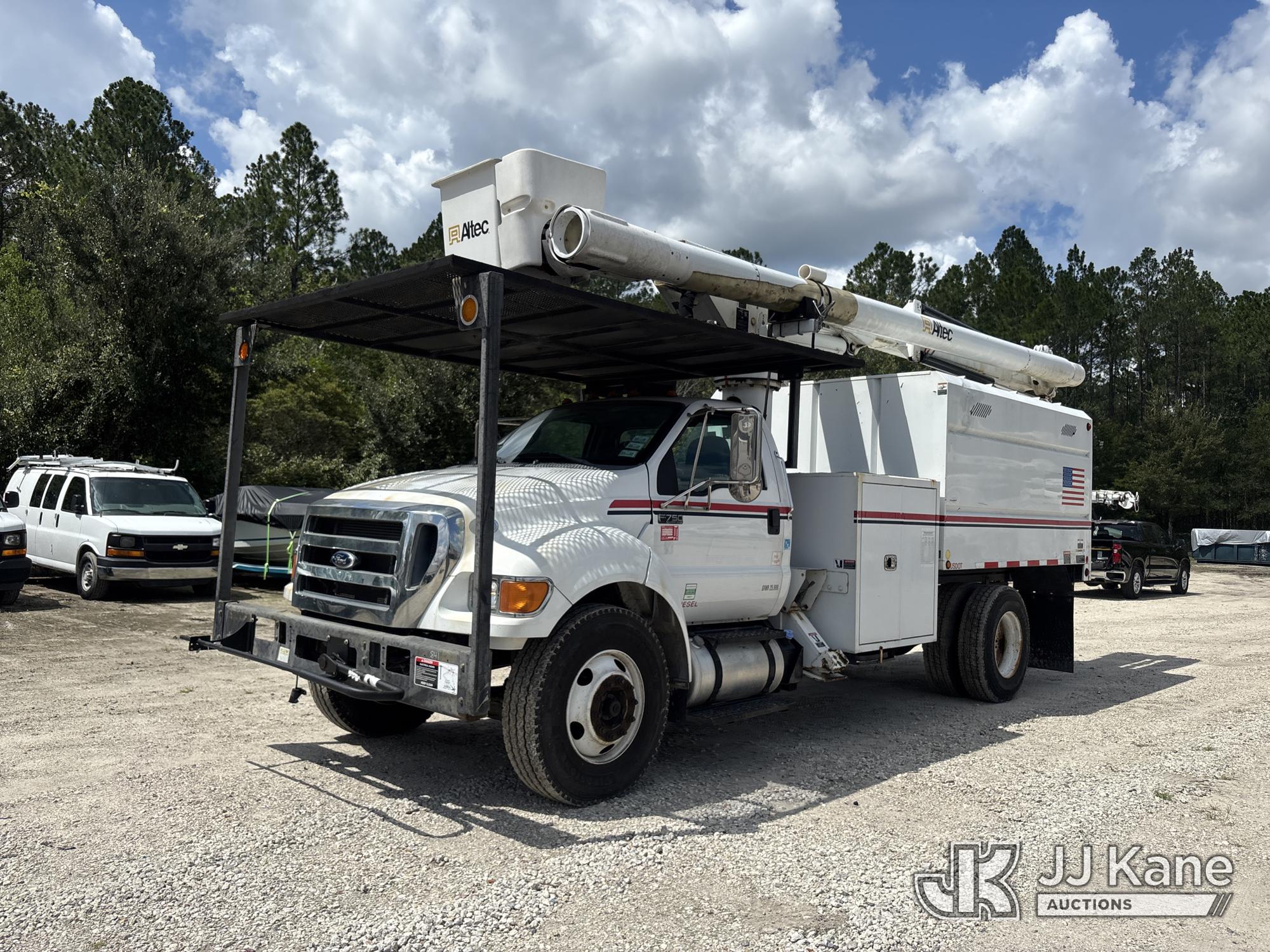 Altec LRV-56, Over-Center Bucket Truck mounted behind cab on 2015 Ford F-750 Chipper Dump Truck