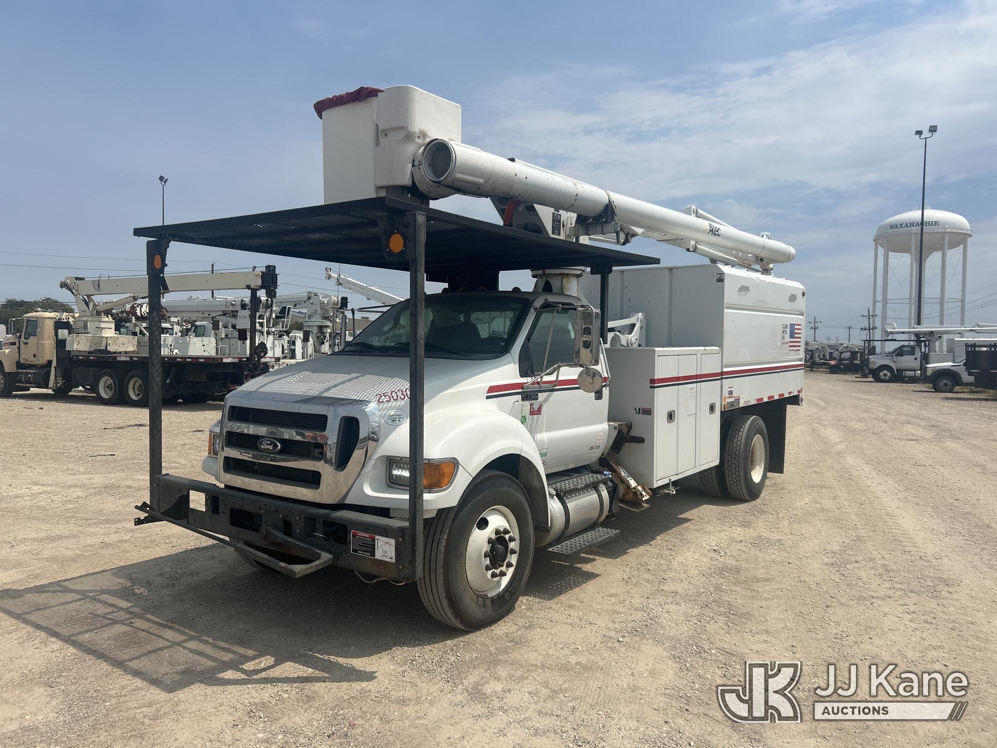 Altec LR760-E70, Over-Center Elevator Bucket Truck mounted behind cab on 2015 Ford F-750 Chipper Dump Truck