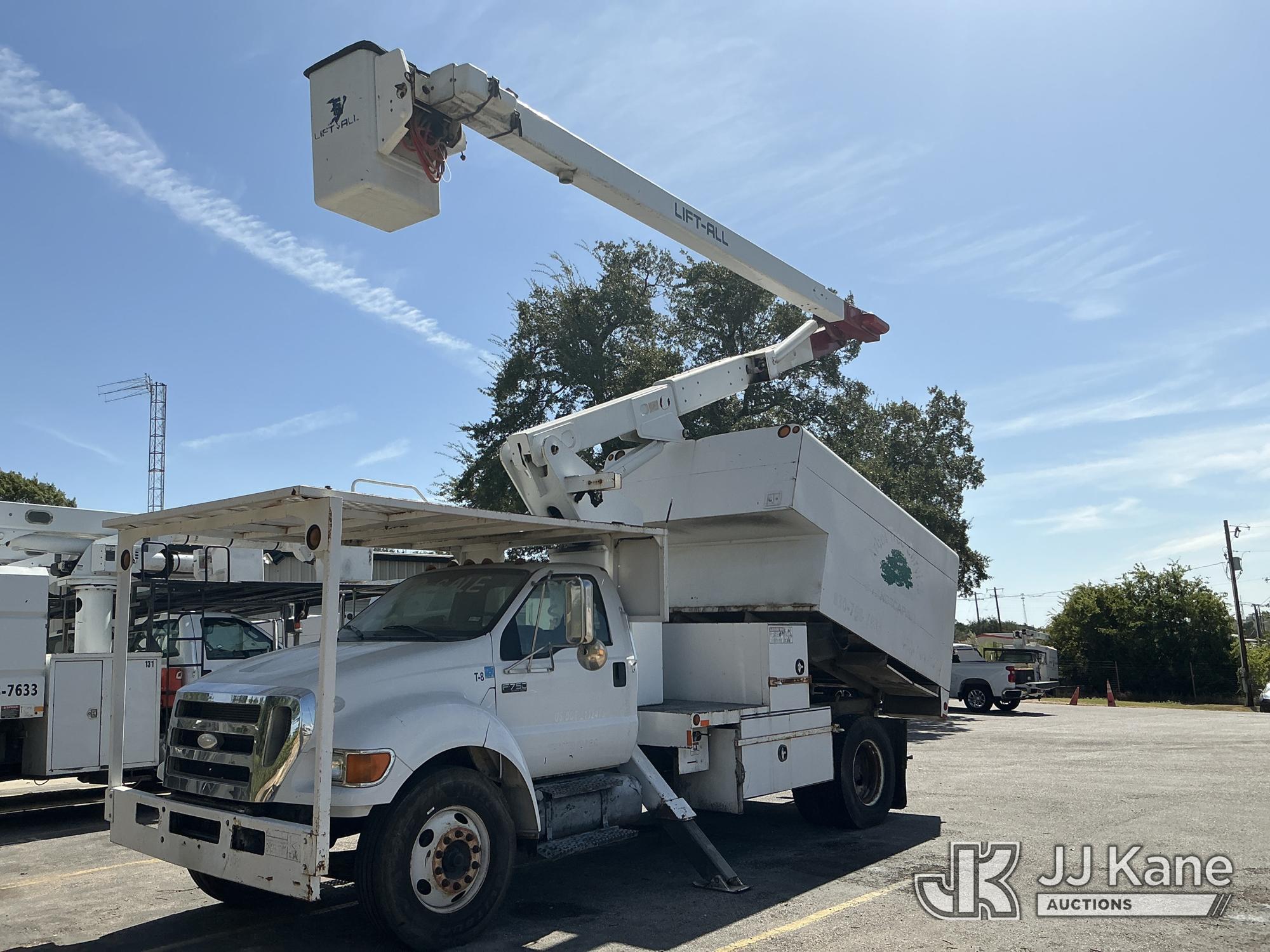 Lift-All LSS55-1S, Over-Center Bucket Truck mounted behind cab on 2008 Ford F-750 Chipper Dump Truck
