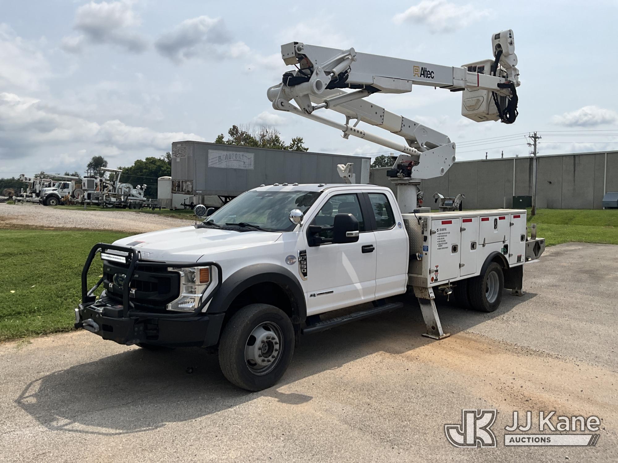 Altec AT48M, Articulating & Telescopic Material Handling Bucket Truck mounted behind cab on 2020 Ford F-550 Extended-Cab Service Truck, Electric Co Op Owned