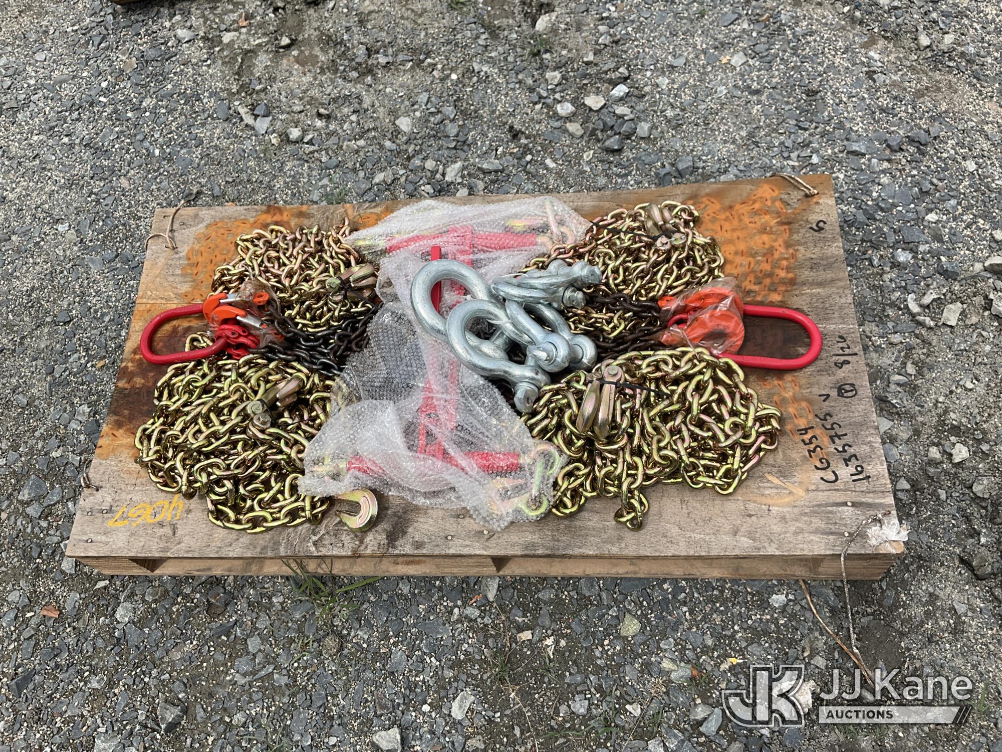 (2) 5/16 x 20 Grade 80 Chain (2) 3/8 x 20 Grade 80 Chain (1) 5400 # Ratchet Binder (1) 9200 # Ratchet Binder (2) 5/16 x 7 Grade 70 Double Leg Chain Shackels (5) Assorted D Ring Shackles 3/4 - 1 1/4 (New/Unused) NOTE: This unit is being sold AS IS/WHERE IS via Timed Auction and is located in China Grove