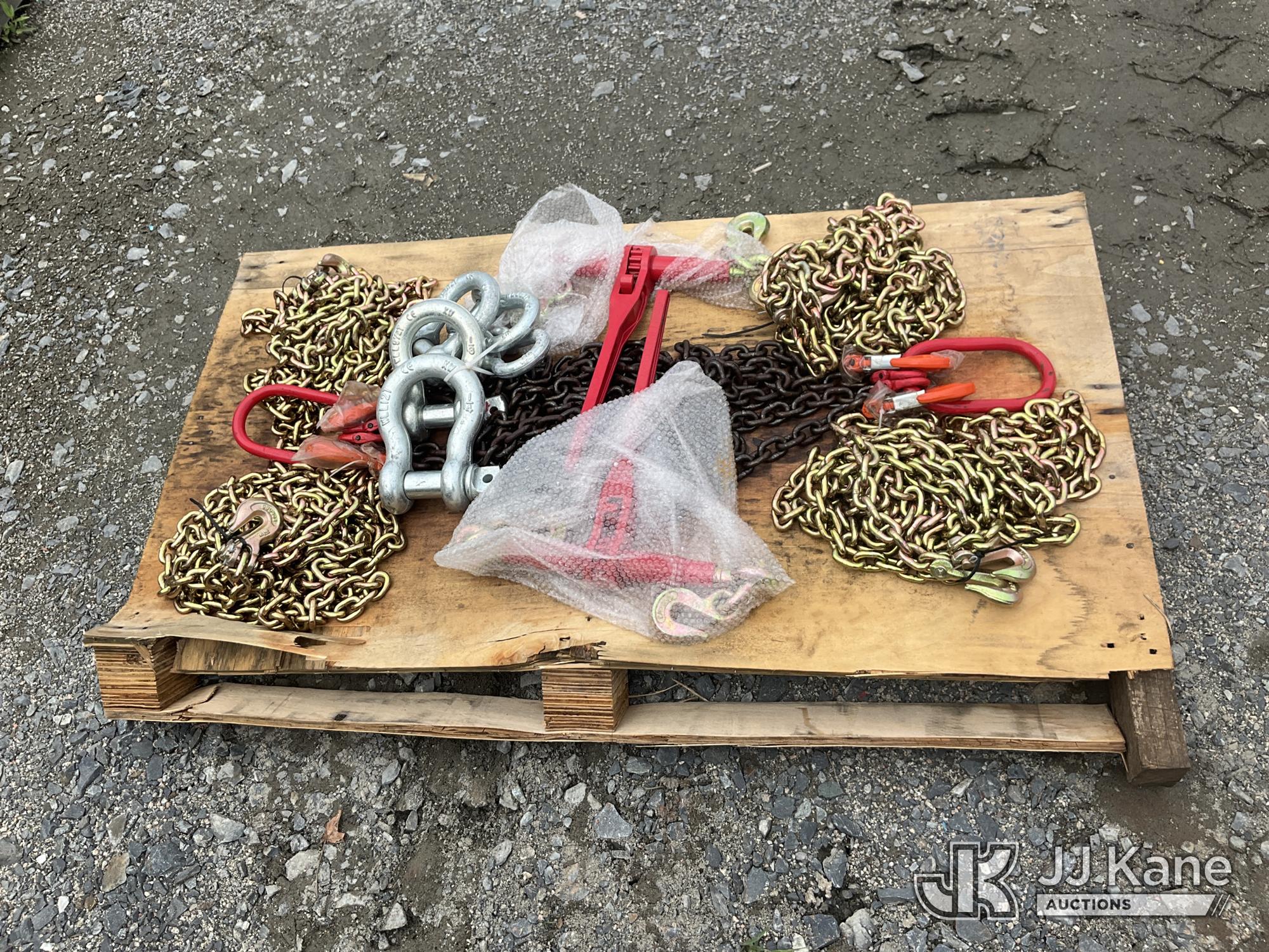 (4) 5/16 x 20 Grade 80 Chains (2) 5400 # Ratchet Binders (2) 5/16 x 7 Double Leg Chain Shackles Grade 70 (5) Assorted D Ring Shackles 3/4 - 1 1/4 (New/Unused) NOTE: This unit is being sold AS IS/WHERE IS via Timed Auction and is located in China Grove