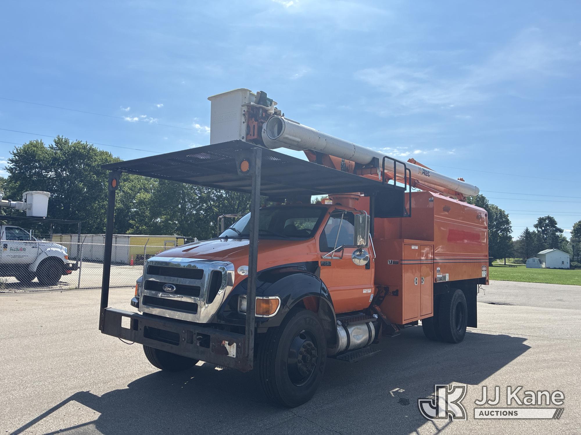 Altec LR756, Over-Center Bucket Truck mounted behind cab on 2015 Ford F-750 Chipper Dump Truck
